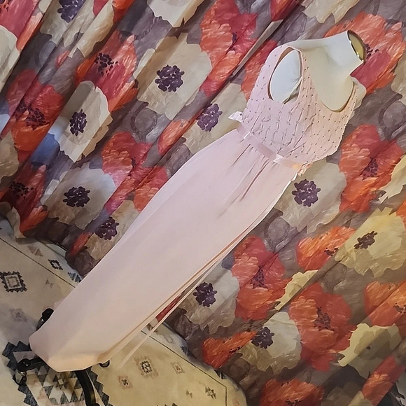 Vintage Pale Pink Blush Beaded Scoop Neck Empire Waist Dress - Picture 4 of 11